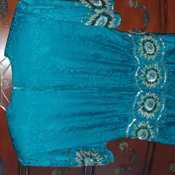 Vtg 80s Sequin Waist Flower Silk Dress - Picture 7 of 9